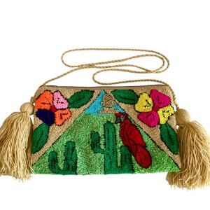 Wapa Handmade Looped Yarn Tapestry Bag Bright Floral Cacutus Bird Motif Tassels